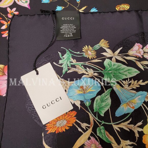 GUCCI SCARF SINE AMORE FLORAL BOUQUET FLORA BLACK SILK TWILL SQUARE 35" - Picture 9 of 12